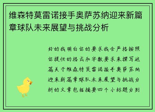 维森特莫雷诺接手奥萨苏纳迎来新篇章球队未来展望与挑战分析