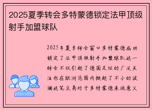 2025夏季转会多特蒙德锁定法甲顶级射手加盟球队